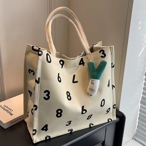 Large Capacity Canvas Tote Bag For Women With Number Print Korean Style Student School Shoulder Bag Fashion Handbag