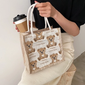 Borsa termica carina in lino con orso e manici in corda intrecciata per donne e studenti