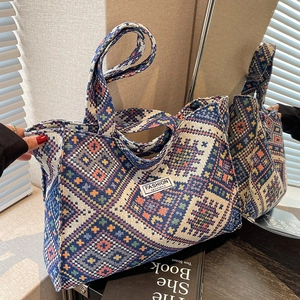 Ethnic Geometric Woven Canvas Tote Bag For Women Large Capacity Bohemian Style Shoulder Bag Commuter Handbag Fashion Travel Bag