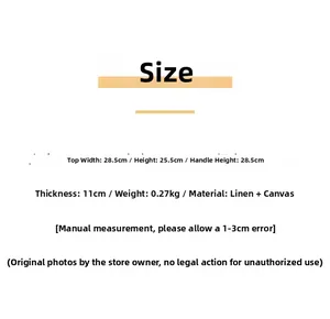 Size chart for large canvas tote bag showing dimensions, height, weight, and material details