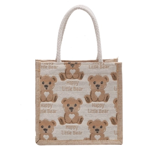 Borsa bento in lino con orsetto cartone animato e manici intrecciati resistenti
