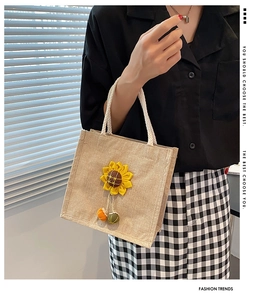 Linen mini handbag with sunflower applique and white braided cotton handles