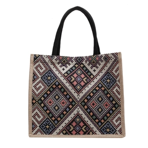 Ethnic patterned large capacity tote bag with woven geometric design and black handles