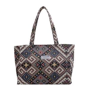 Ethnic style woven tote bag with colorful geometric patterns and double handles for women