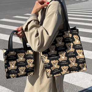 Women's Casual Canvas Tote Bag With Cartoon Bear Print Happy Little Bear Large Capacity Shoulder Bag Handbag For Student Daily Work