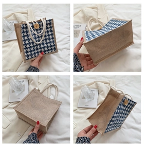 Detail of linen tote bag with houndstooth pattern, jute fabric and soft cotton rope handle