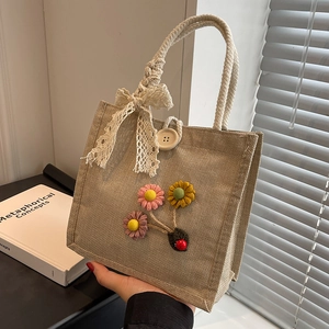 Vintage Jute Burlap Floral Mini Handbag For Women Sweet Lace Bow Burlap Tote Bag Rural Style Small Summer Top Handle Purse