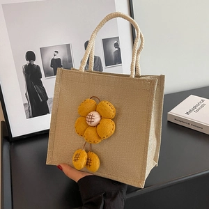 Süße Jute-Bento-Tasche mit gelber Stoffsonnenblume und gewebten Henkeln für Damen