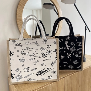 Women Large Capacity Canvas Linen Tote Bag Cow Pattern Letter Graffiti Print Casual Shoulder Handbag For School Daily Shopping