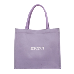 Purple canvas tote bag with merci print, large capacity commuter handbag for students