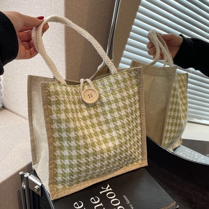 Borsa Tote in Lino Casual da Donna Con Motivo Pied de Poule Zebra Manico in Corda di Cotone Borsa a Mano per Shopping