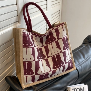 Red and white checkered rabbit pattern canvas tote bag with woven handles for daily use