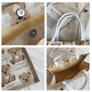 Detail view of canvas tote bag showing magnetic closure, braided handle and inner pocket