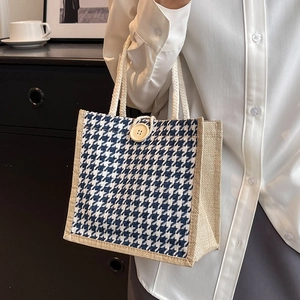 Borsa tote in lino pied de poule blu con bordo in canapa e manici in corda