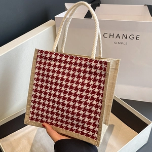 Borsa tote in lino con motivo pied de poule rosso e manici in corda spessa