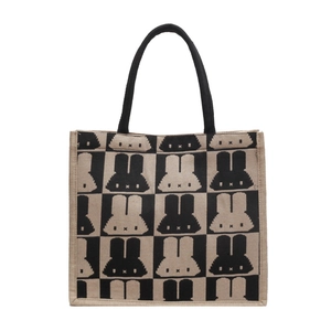 Large capacity canvas tote bag with black and white rabbit pattern and black handles