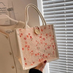 Borsa Tote in Pizzo Floreale Piccola Materiale PU Stile Fresco Bottone in Legno Mini Borsa per Donna Studenti Uso Quotidiano Borsa Pranzo