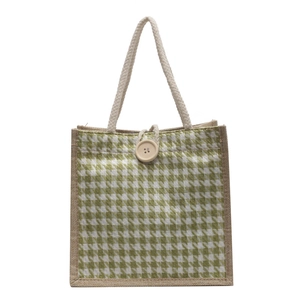 Borsa da pranzo in lino pied de poule verde con bordo in iuta e bottone in legno