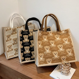 Women Large Capacity Cotton Linen Tote Bag Cartoon Bear Printed Casual Shoulder Bag Fashion Handbag Commuting Shopping Bag