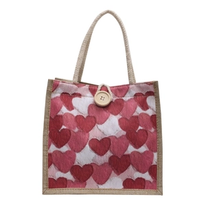 Japanese style heart pattern jute lunch bag with wooden button closure and handles