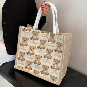 Large capacity canvas bear tote bag with Happy Little Bear print and rope handles