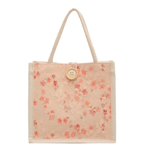 Borsa a mano beige minimalista con pizzo floreale e manici in corda di canapa