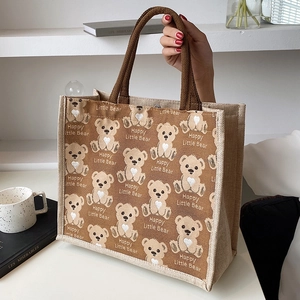 Large capacity canvas tote bag with cute cartoon bear prints and brown handles