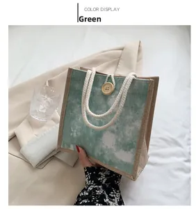 Borsa tote in lino con stampa marmo verde, manici in corda e bottone decorativo in legno