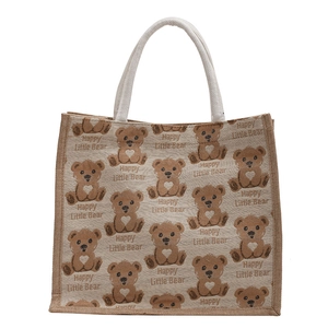 Large natural jute tote bag with cute cartoon bear prints and woven rope handles