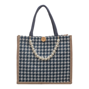 Chic houndstooth canvas tote bag with pearl chain and large capacity for women