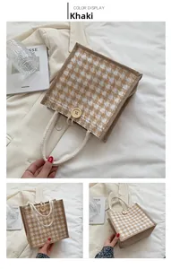 Close-up of khaki houndstooth linen tote bag with round wooden button and rope handle