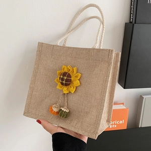 Women Fresh Pastoral Linen Tote Bag With Cotton Rope Handle Embroidered Floral Sunflower Cherry Fruit Vegetable Handbag
