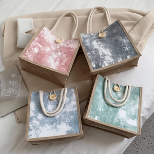 Borsa Tote in Tela di Juta Stile Giapponese da Donna Stampa Tie Dye Bottone in Legno Manico in Corda di Cotone Bento