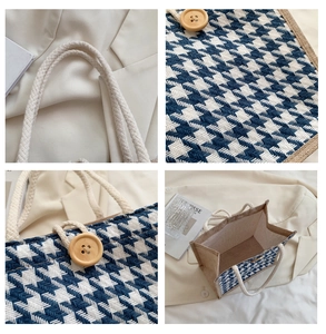 Detail of blue houndstooth linen tote bag with rope handle and large wooden button