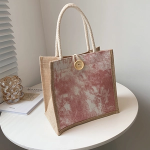Borsa tote minimalista in lino con stampa marmo rosso e manici in corda rustici