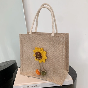 Summer jute tote bag with yellow sunflower patch and soft braided cotton rope handles