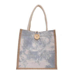 Borsa tote in lino grigio tie-dye con bottone in legno e manico in corda intrecciata
