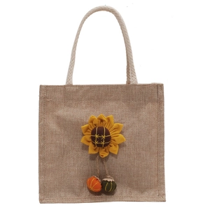 Summer canvas lunch bag with jute texture sunflower decor and braided rope handles