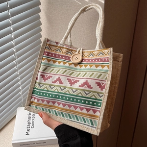 Sac à Main en Toile de Jute à Motif Géométrique Bohème Sac Fourre-Tout Ethnique Vintage Avec Poignée en Corde de Coton et Fermeture en Bois