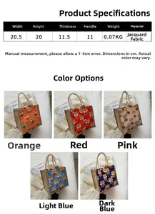 Detailed size chart and five colorful cartoon tiger jacquard tote bags comparison