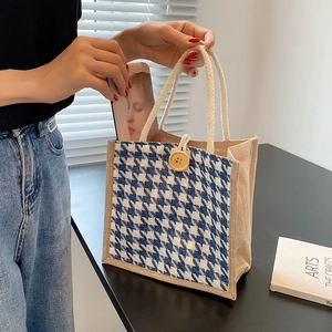 Linen tote bag with blue houndstooth pattern and woven rope handles for women