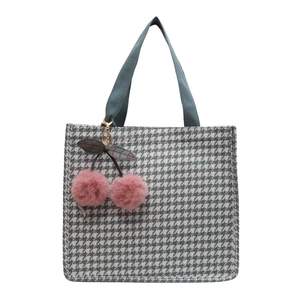 Large houndstooth tote bag with pink cherry charm accessory for women's daily commute