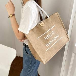 Large Capacity Cotton Linen Tote Bag Hello Weekend Printed Burlap Handbag For Women Daily Vacation Shoulder Handbag