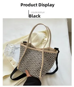 Close-up of geometric knit bucket bag with dual handles and black shoulder strap