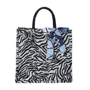 Large capacity houndstooth canvas tote bag with zebra print and decorative silk scarf