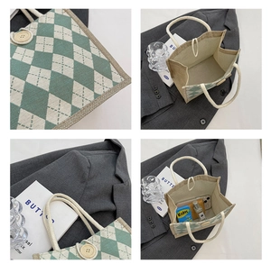 Detail view of mint green rhombus canvas tote with rope handle and wooden button closure