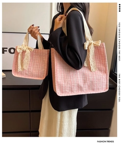 Pink tweed tote bags with lace bow accents shown in large and small size comparison