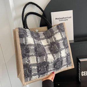 Sac Fourre-tout en Toile de Grande Capacité pour Femme Bord Effiloché Motif Écossais Mode Décontracté Navette Sac à Main Cadeau
