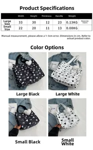 Size chart detail for large and small canvas tote bags with heart print dimensions