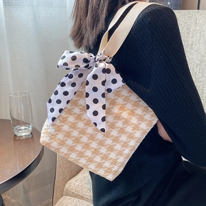 French style beige houndstooth woven handbag with a polka dot silk scarf handle decor